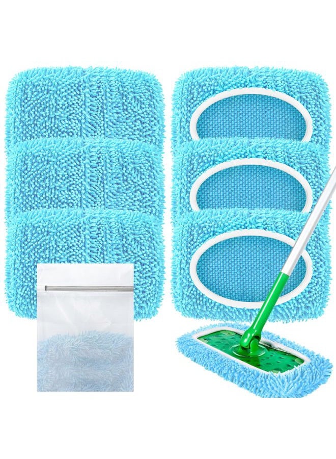 LOVECO Reusable Mop Pads Compatible with Swiffer Sweeper Mop, Washable Wet Pads Refill & Chenille Dry Sweeping Cloths, Microfiber Mop Pads for Use on All Sealed Floors - Wood, Laminate, Stone & Tile (6 Blue) - Image 1