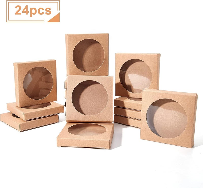 BENECREAT 24 Pack Brown Kraft Paper Boxes with Clear Window 3.5x3.5x0.6" Paper Gift Packaging Boxes for Wedding Party Candy Cookies Favor Treat - Image 5