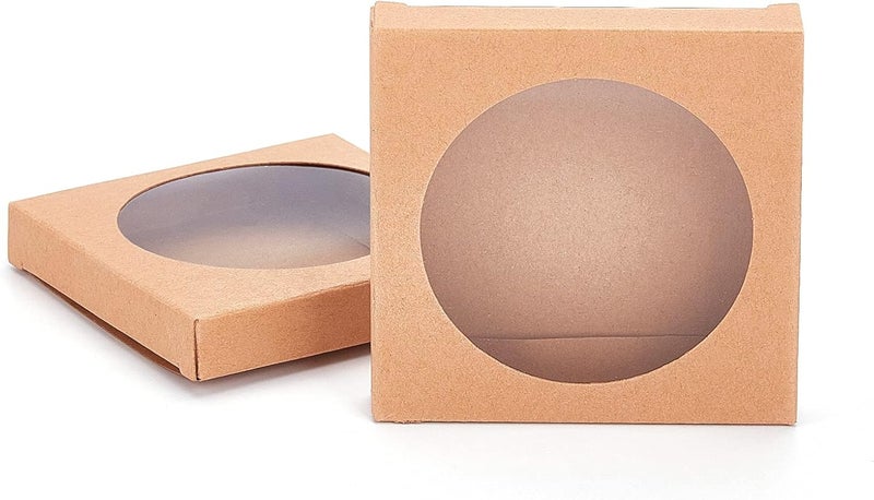 BENECREAT 24 Pack Brown Kraft Paper Boxes with Clear Window 3.5x3.5x0.6" Paper Gift Packaging Boxes for Wedding Party Candy Cookies Favor Treat - Image 4