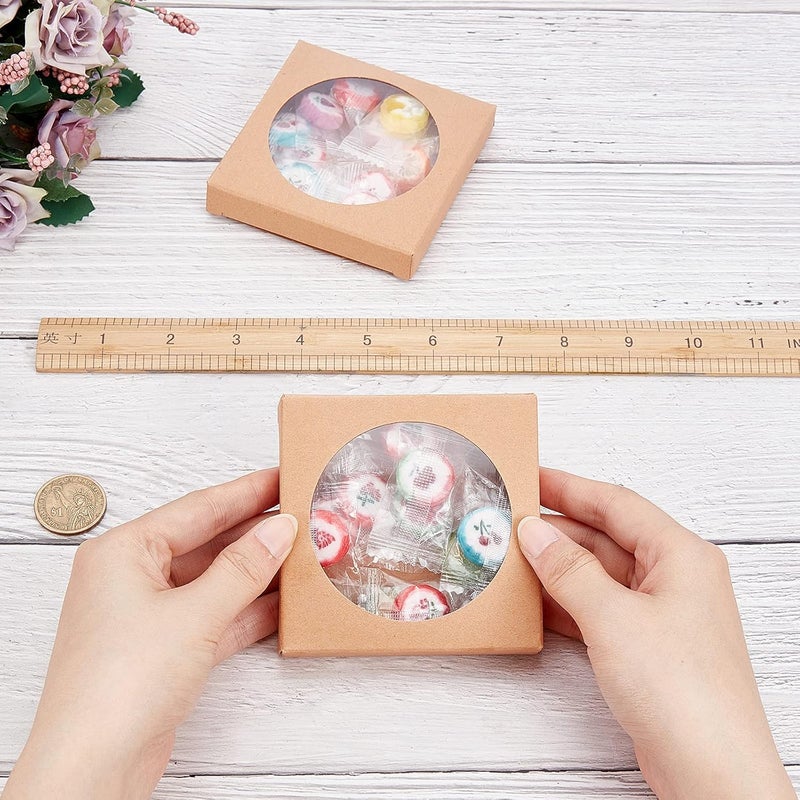 BENECREAT 24 Pack Brown Kraft Paper Boxes with Clear Window 3.5x3.5x0.6" Paper Gift Packaging Boxes for Wedding Party Candy Cookies Favor Treat - Image 3
