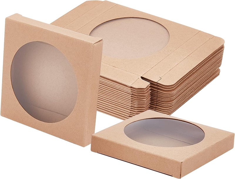 BENECREAT 24 Pack Brown Kraft Paper Boxes with Clear Window 3.5x3.5x0.6" Paper Gift Packaging Boxes for Wedding Party Candy Cookies Favor Treat - Image 1