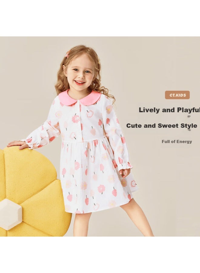 Classic Teddy Girls' Dress Children's Cotton Floral Princess Dress Sweet Spring Pink 140 - Image 1