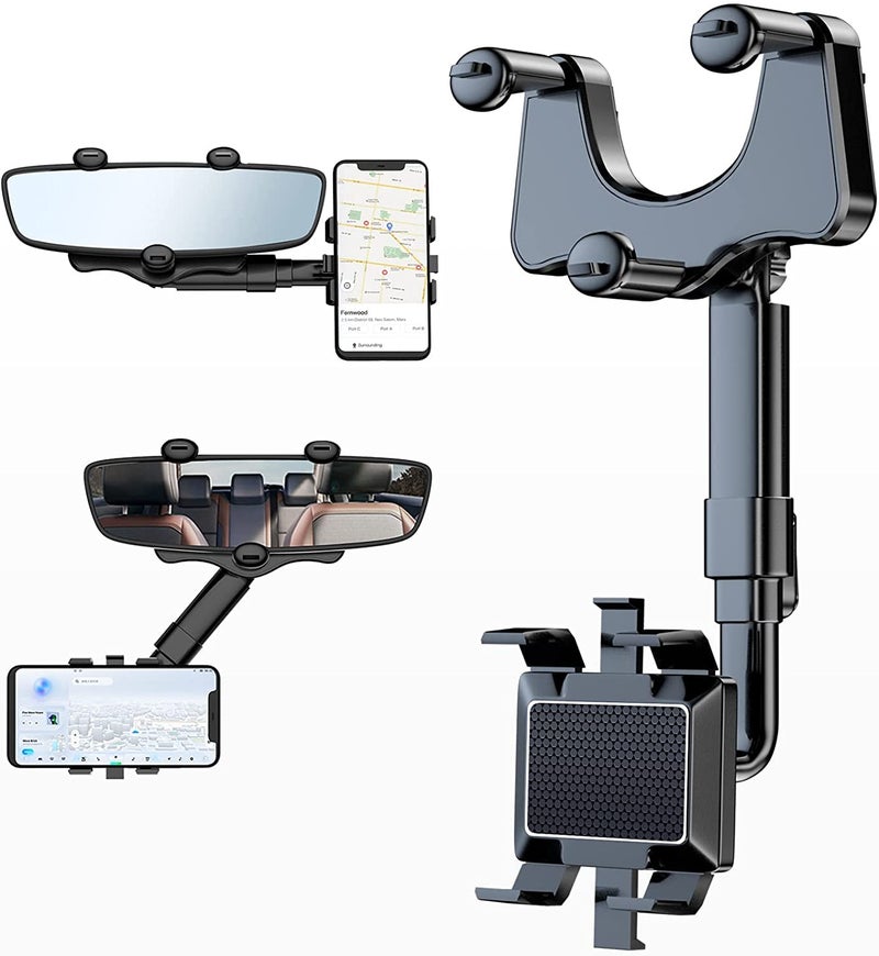 Hold Up 360°Rotatable and Retractable Car Phone Holder, Multifunctional Rearview Mirror Mobile Holder [Upgraded] Universal Phone Mount for Car Adjustable Rear View Mirror Car Mount for All Smartphones - Image 1