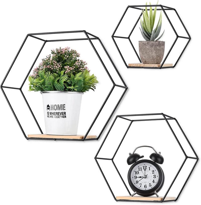 Jukkre Jukkre Honeycomb Wall Shelf Iron Wall Shelf Set of 3 Metal Hanging Storage Shelves, Wall Mounted Floating Hexagonal Shelves, Geometric Hexagonal Mounted Floating Shelves with Metal Frame, (Black)  - Image 1