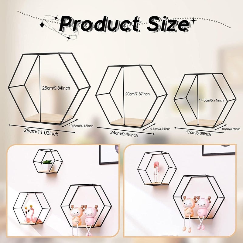 Jukkre Jukkre Honeycomb Wall Shelf Iron Wall Shelf Set of 3 Metal Hanging Storage Shelves, Wall Mounted Floating Hexagonal Shelves, Geometric Hexagonal Mounted Floating Shelves with Metal Frame, (Black)  - Image 2