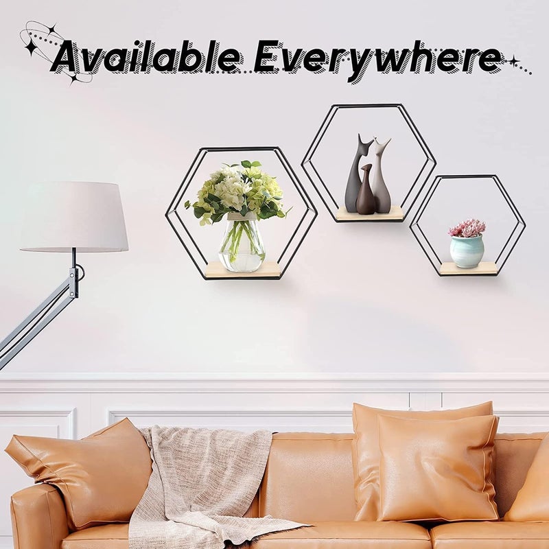 Jukkre Jukkre Honeycomb Wall Shelf Iron Wall Shelf Set of 3 Metal Hanging Storage Shelves, Wall Mounted Floating Hexagonal Shelves, Geometric Hexagonal Mounted Floating Shelves with Metal Frame, (Black)  - Image 4