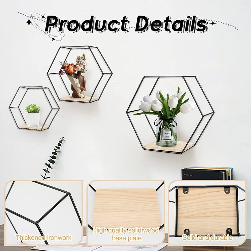 Jukkre Jukkre Honeycomb Wall Shelf Iron Wall Shelf Set of 3 Metal Hanging Storage Shelves, Wall Mounted Floating Hexagonal Shelves, Geometric Hexagonal Mounted Floating Shelves with Metal Frame, (Black)  - Image 3