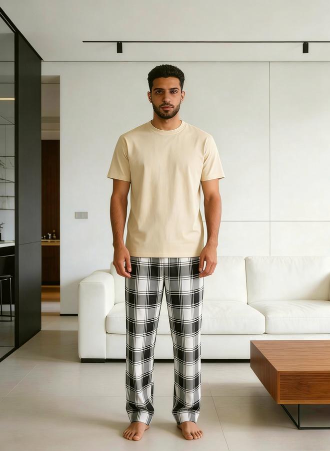تايك تو مجموعة من بنطال كاروهات وتيشيرت بياقة دائرية سادة للرجال - Image 1