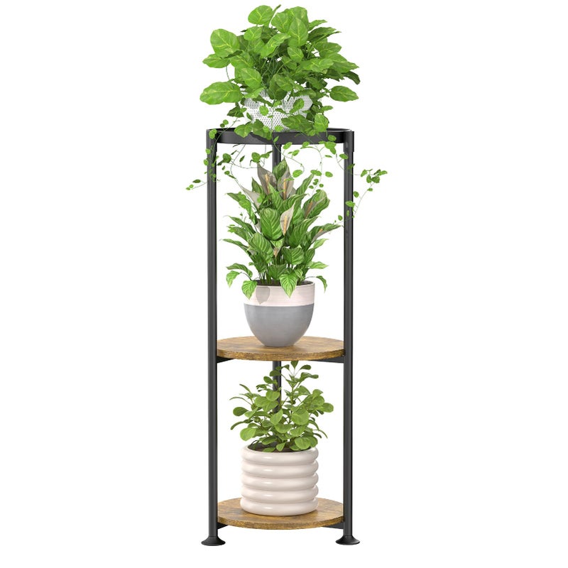 iDavosic.ly 3 Tier Corner Plant Stand Indoor, 34 Inch Tall Vertical Metal Flower Heavy Duty Pot Holder Shelf Outdoor for Patio Porch Living Room, Modern Black & Rustic Brown - Round - Image 1