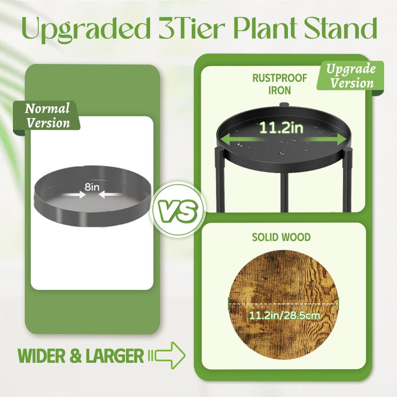 iDavosic.ly 3 Tier Corner Plant Stand Indoor, 34 Inch Tall Vertical Metal Flower Heavy Duty Pot Holder Shelf Outdoor for Patio Porch Living Room, Modern Black & Rustic Brown - Round - Image 3
