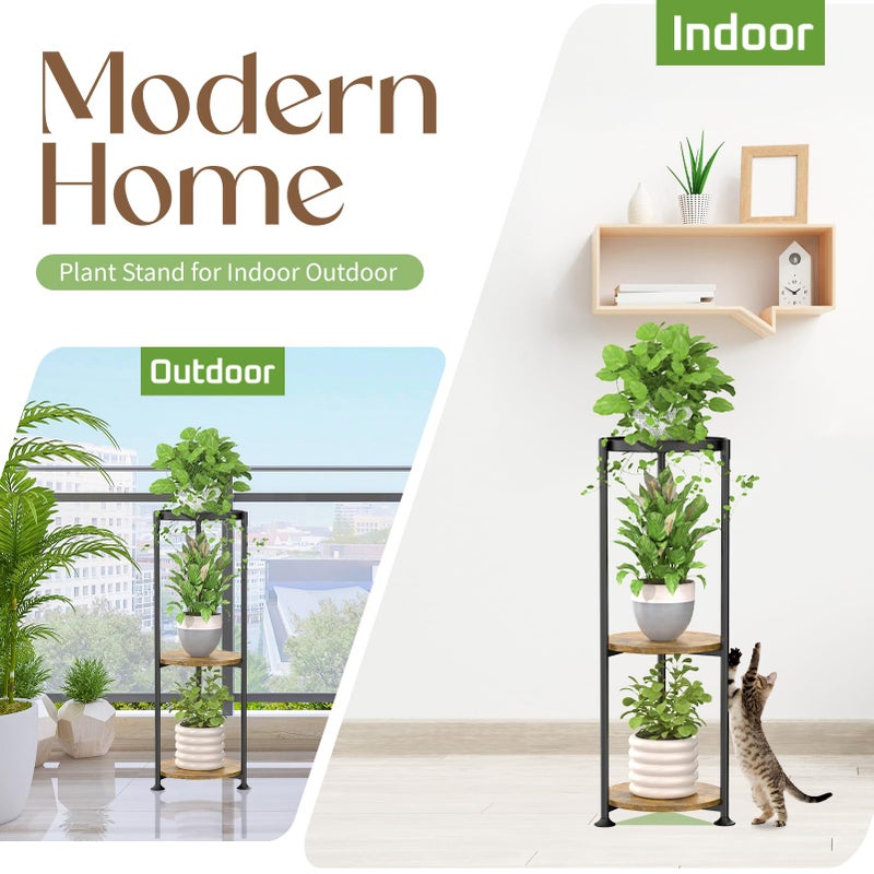 iDavosic.ly 3 Tier Corner Plant Stand Indoor, 34 Inch Tall Vertical Metal Flower Heavy Duty Pot Holder Shelf Outdoor for Patio Porch Living Room, Modern Black & Rustic Brown - Round - Image 5