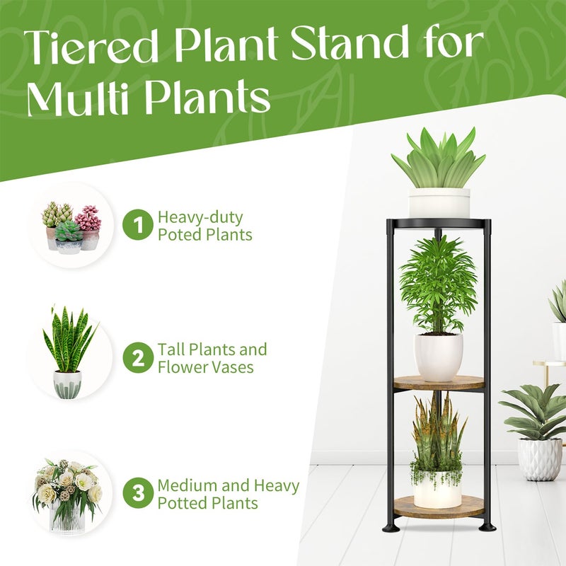 iDavosic.ly 3 Tier Corner Plant Stand Indoor, 34 Inch Tall Vertical Metal Flower Heavy Duty Pot Holder Shelf Outdoor for Patio Porch Living Room, Modern Black & Rustic Brown - Round - Image 4