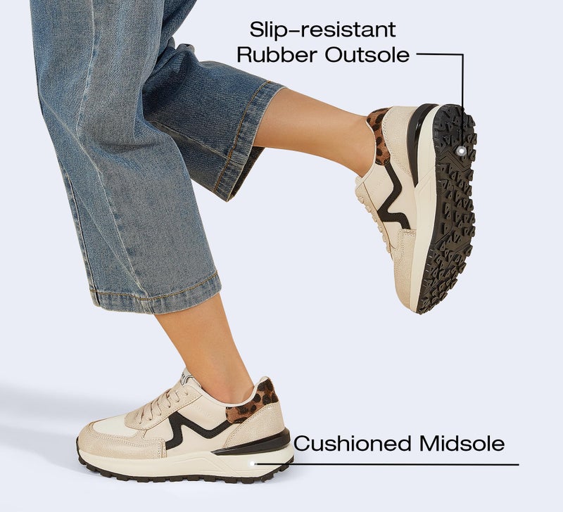 LUCKY STEP Women's Retro Fashion Casual Sneakers Platform Classic Trendy Trainning Anti-Slip Tennis Travel Walking Shoes(Beige,9) - Image 5