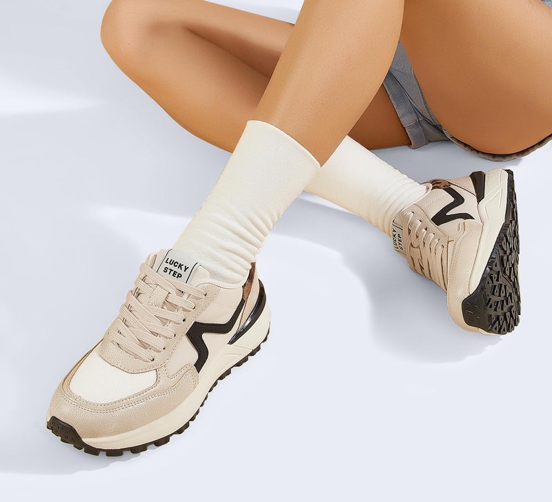 LUCKY STEP Women's Retro Fashion Casual Sneakers Platform Classic Trendy Trainning Anti-Slip Tennis Travel Walking Shoes(Beige,9) - Image 2