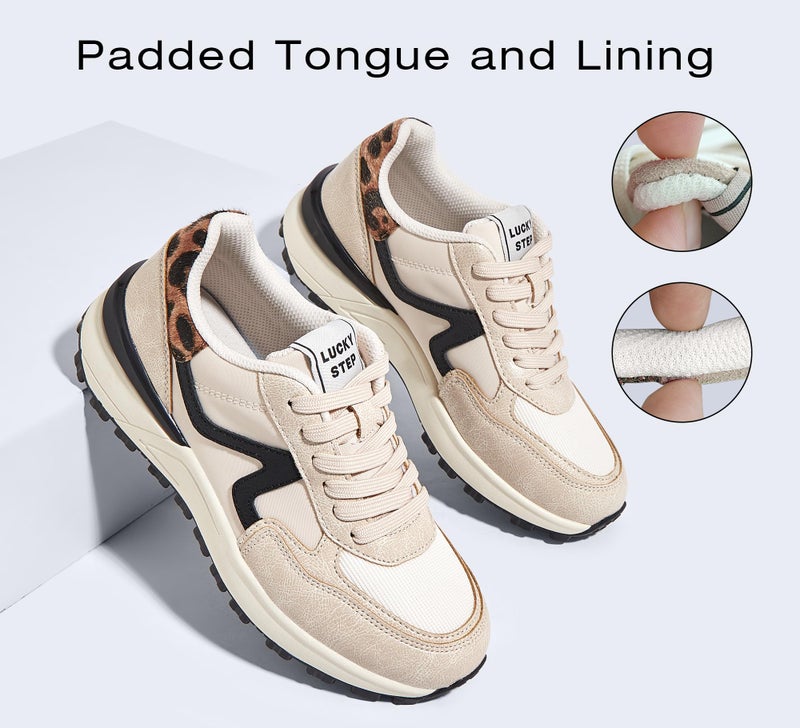 LUCKY STEP Women's Retro Fashion Casual Sneakers Platform Classic Trendy Trainning Anti-Slip Tennis Travel Walking Shoes(Beige,9) - Image 4