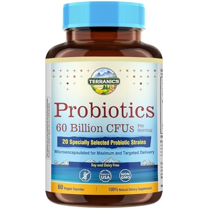Terranics Probiotics 60 Billion CFU, 20 Strains, 60 Veg Capsules, Prebiotics & Probiotics, Shelf Stable Probiotic Supplement for Men & Women, Non-GMO, NO Soy, Dairy & Gluten - Image 1