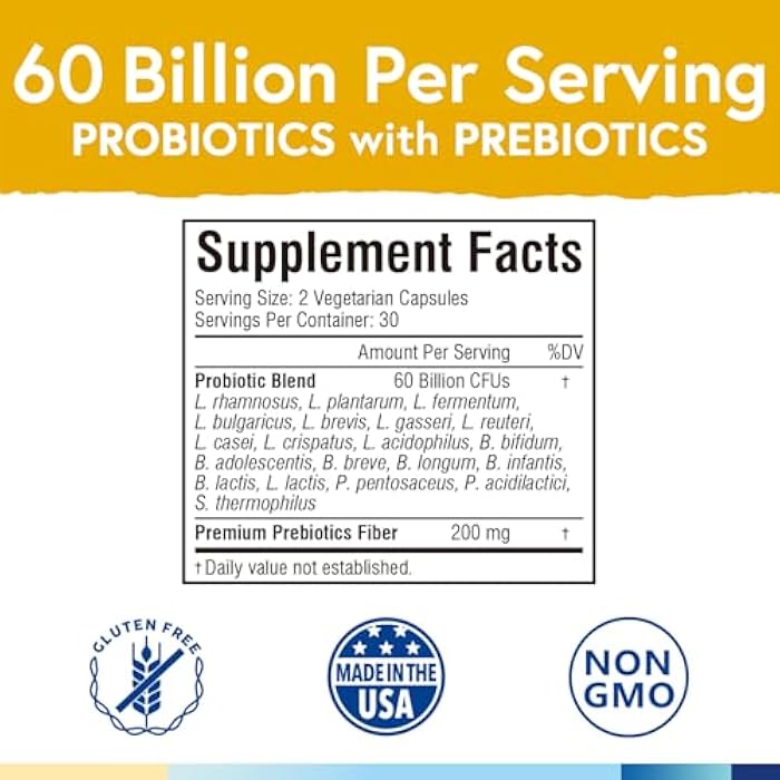 Terranics Probiotics 60 Billion CFU, 20 Strains, 60 Veg Capsules, Prebiotics & Probiotics, Shelf Stable Probiotic Supplement for Men & Women, Non-GMO, NO Soy, Dairy & Gluten - Image 2