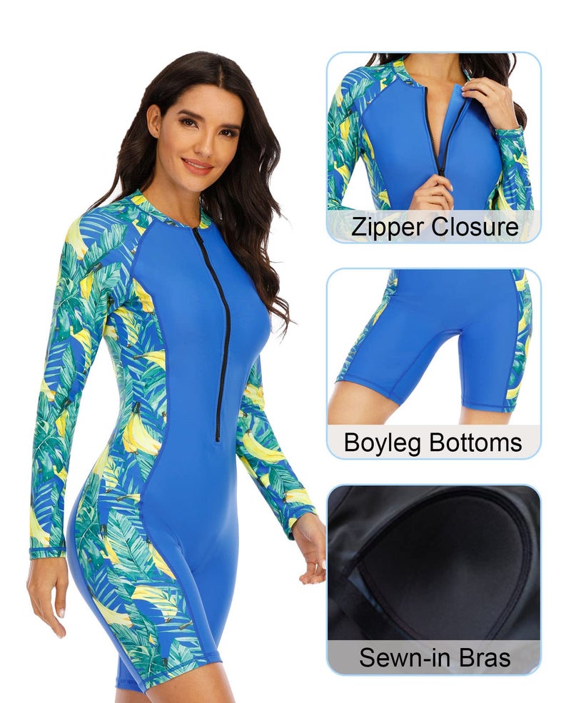Halcurt Women's Boyleg One Piece Rash Guard with Built in Bra UPF50+ Zip Long Sleeve Full Body Modest Swimsuit Royal Blue Fruit Printing L - Image 3