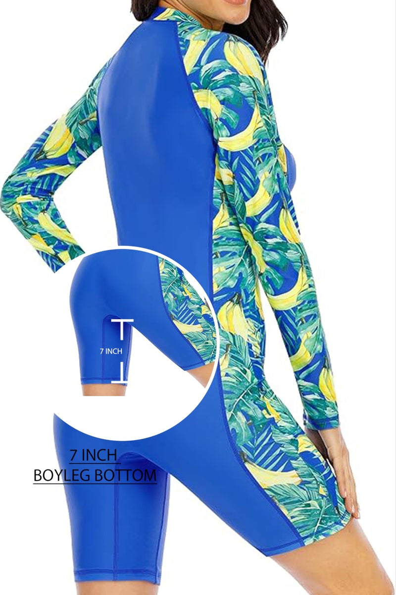 Halcurt Women's Boyleg One Piece Rash Guard with Built in Bra UPF50+ Zip Long Sleeve Full Body Modest Swimsuit Royal Blue Fruit Printing L - Image 4
