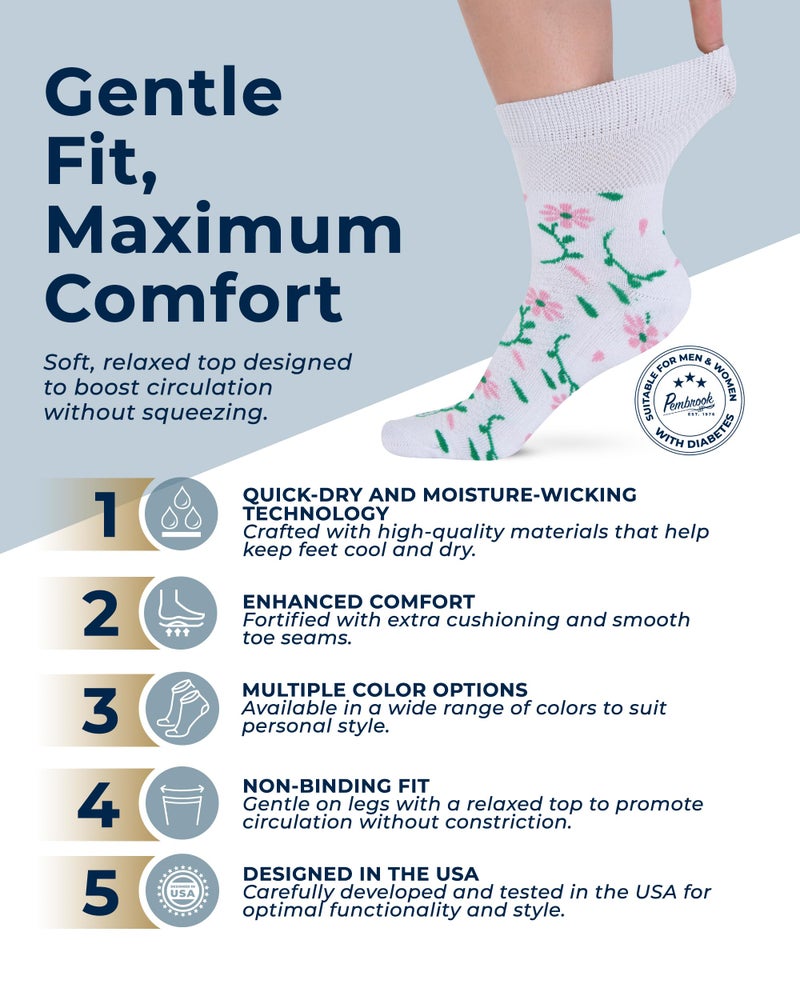 Pembrook Ankle Diabetic Socks for Women & Men - 6 Pairs | Breathable Bamboo Viscose | Non Binding Wide Top, Loose Fit | SM-Flwrs-6P - Image 2