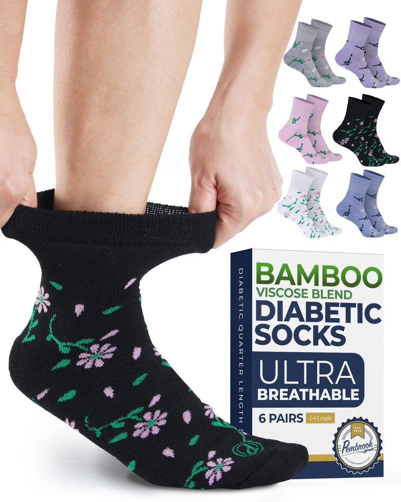Pembrook Ankle Diabetic Socks for Women & Men - 6 Pairs | Breathable Bamboo Viscose | Non Binding Wide Top, Loose Fit | SM-Flwrs-6P - Image 1
