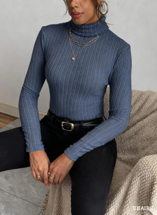 Take Two Women Navy Blue Ribbed Turtleneck Top