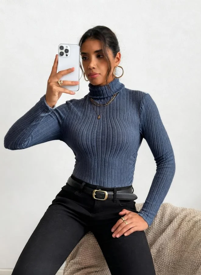 Take Two Women Navy Blue Ribbed Turtleneck Top