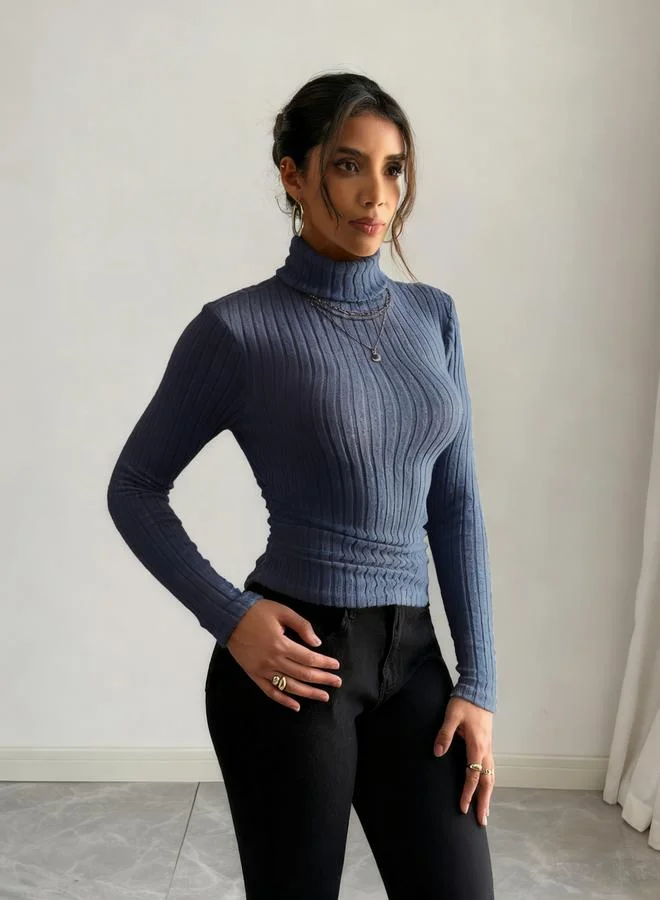Take Two Women Navy Blue Ribbed Turtleneck Top