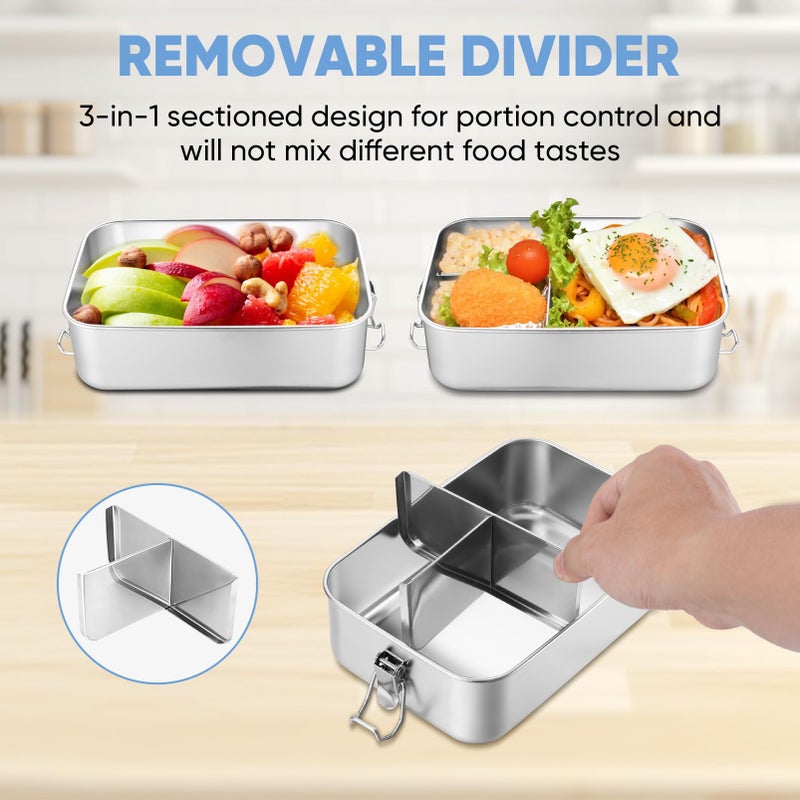 TeamFar Stainless Steel Bento Box, 47oz/1400ML Large Bento Lunch Container for Adults/Kids, Lunchbox with Removable Divider for School/Work/Travel, for Meal/Fruit/Snack, Leak-Proof & Dishwasher Safe - Image 4
