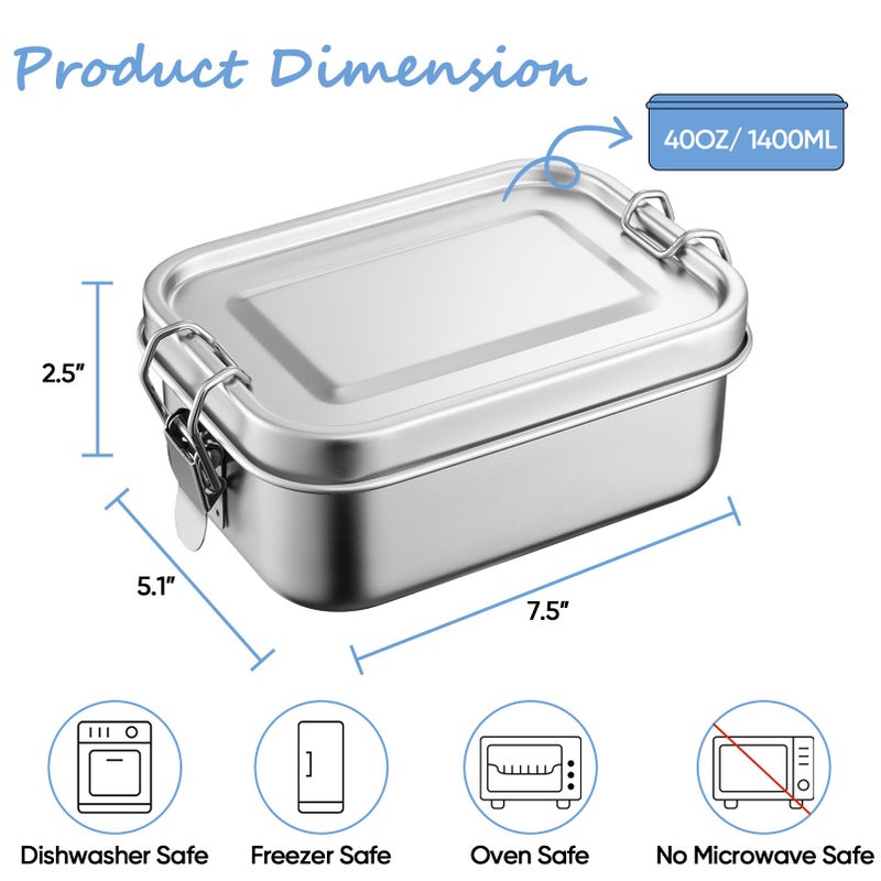 TeamFar Stainless Steel Bento Box, 47oz/1400ML Large Bento Lunch Container for Adults/Kids, Lunchbox with Removable Divider for School/Work/Travel, for Meal/Fruit/Snack, Leak-Proof & Dishwasher Safe - Image 2