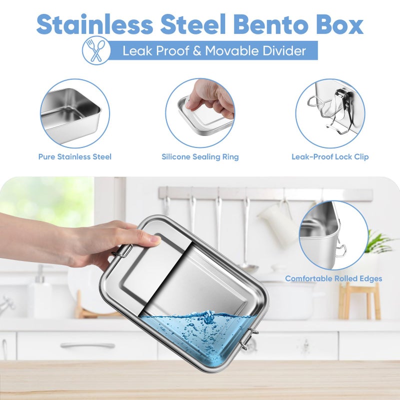 TeamFar Stainless Steel Bento Box, 47oz/1400ML Large Bento Lunch Container for Adults/Kids, Lunchbox with Removable Divider for School/Work/Travel, for Meal/Fruit/Snack, Leak-Proof & Dishwasher Safe - Image 3