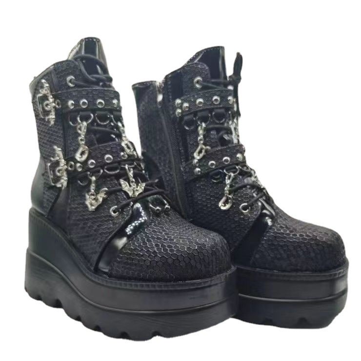 Foreign Trade Thick Bottom Women''s Boots 2023 New Wedge Heel Demonia Bat Belt Buckle Short Barrel Martin Boots Women - Image 4