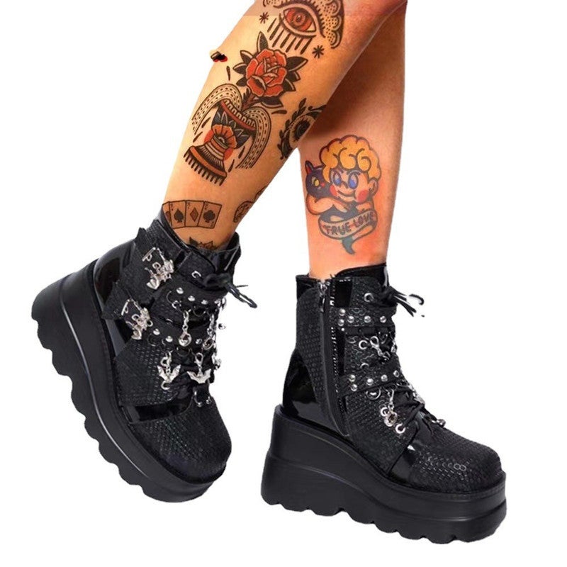 Foreign Trade Thick Bottom Women''s Boots 2023 New Wedge Heel Demonia Bat Belt Buckle Short Barrel Martin Boots Women - Image 2
