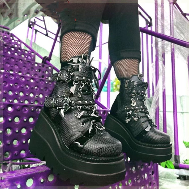 Foreign Trade Thick Bottom Women''s Boots 2023 New Wedge Heel Demonia Bat Belt Buckle Short Barrel Martin Boots Women - Image 1