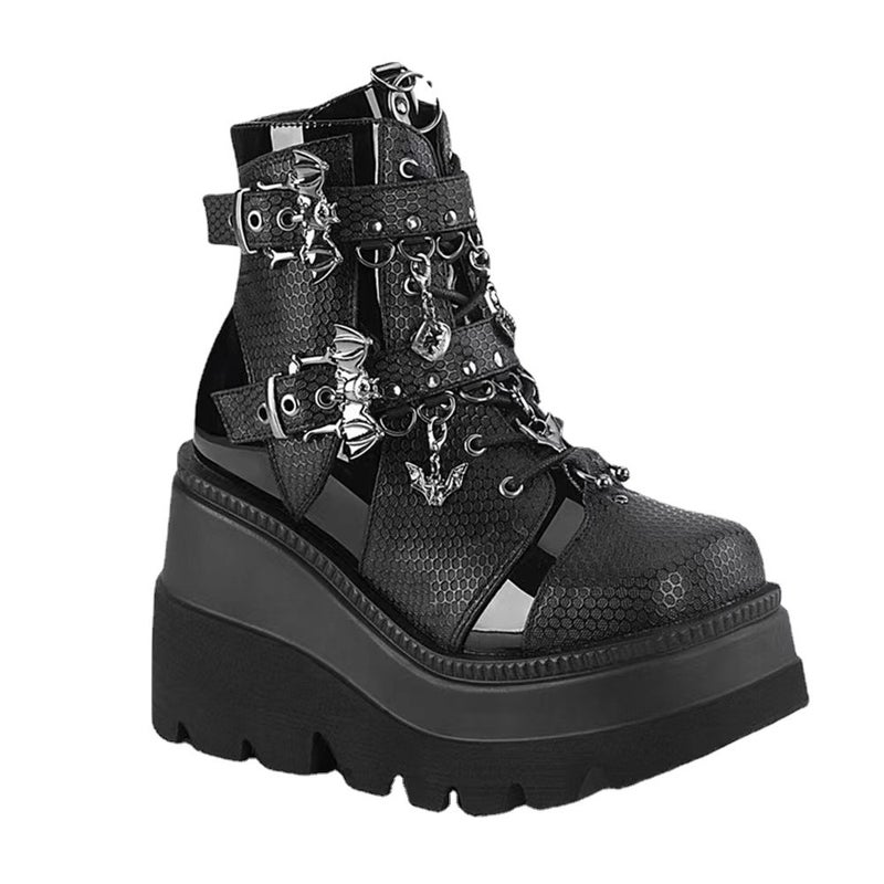 Foreign Trade Thick Bottom Women''s Boots 2023 New Wedge Heel Demonia Bat Belt Buckle Short Barrel Martin Boots Women - Image 3