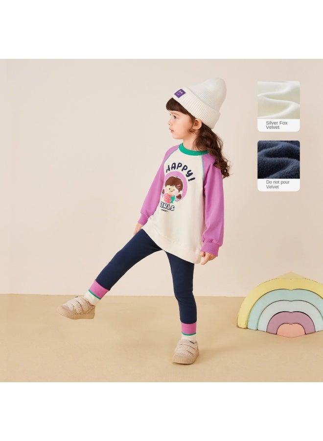 JELLYBABY Cartoon Color Block】spring Outfit For Girls, Back-to-school Season Set, Children's Pullover Hoodie + Leggings Casual Two-piece Set - Image 3