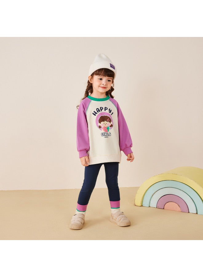 JELLYBABY Cartoon Color Block】spring Outfit For Girls, Back-to-school Season Set, Children's Pullover Hoodie + Leggings Casual Two-piece Set - Image 4