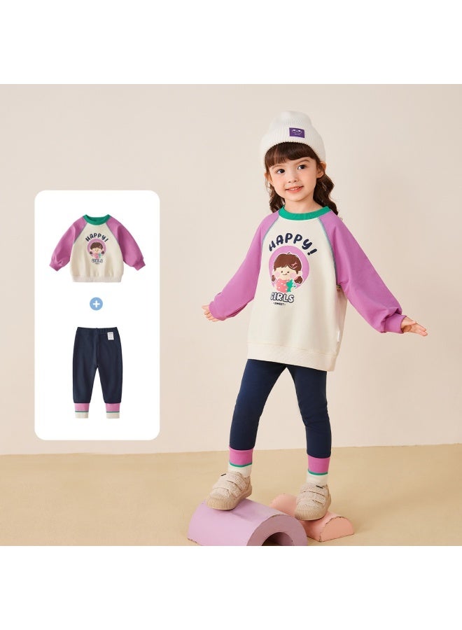 JELLYBABY Cartoon Color Block】spring Outfit For Girls, Back-to-school Season Set, Children's Pullover Hoodie + Leggings Casual Two-piece Set - Image 2