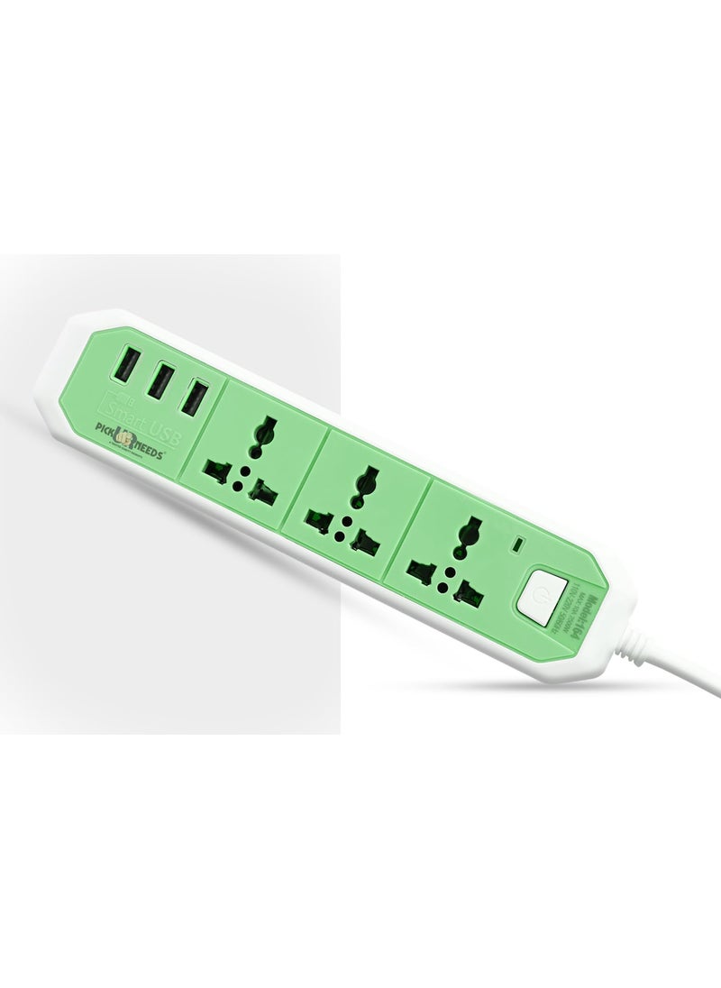 Pick Ur Needs Pick Ur Needs Extension Cord/Board/Switch/Power Strip with 3 USB Ports and 3 Socket -10 Amp (Green) 