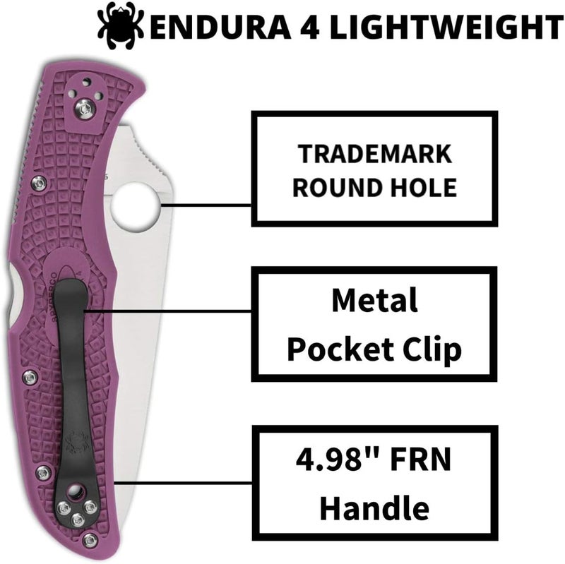 Spyderco سكين جيب قابلة للطي Endura 4 بشفرة من فولاذ VG-10 بطول 3.8" ومقبض FRN - سكين EDC للرجال والنساء، مثالية للصيد، التكتيك، التخييم، البقاء، والمشي - حافة عادية - C10FPPR - Image 3