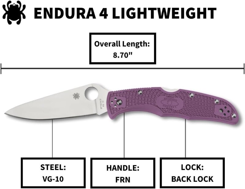 Spyderco سكين جيب قابلة للطي Endura 4 بشفرة من فولاذ VG-10 بطول 3.8" ومقبض FRN - سكين EDC للرجال والنساء، مثالية للصيد، التكتيك، التخييم، البقاء، والمشي - حافة عادية - C10FPPR - Image 4