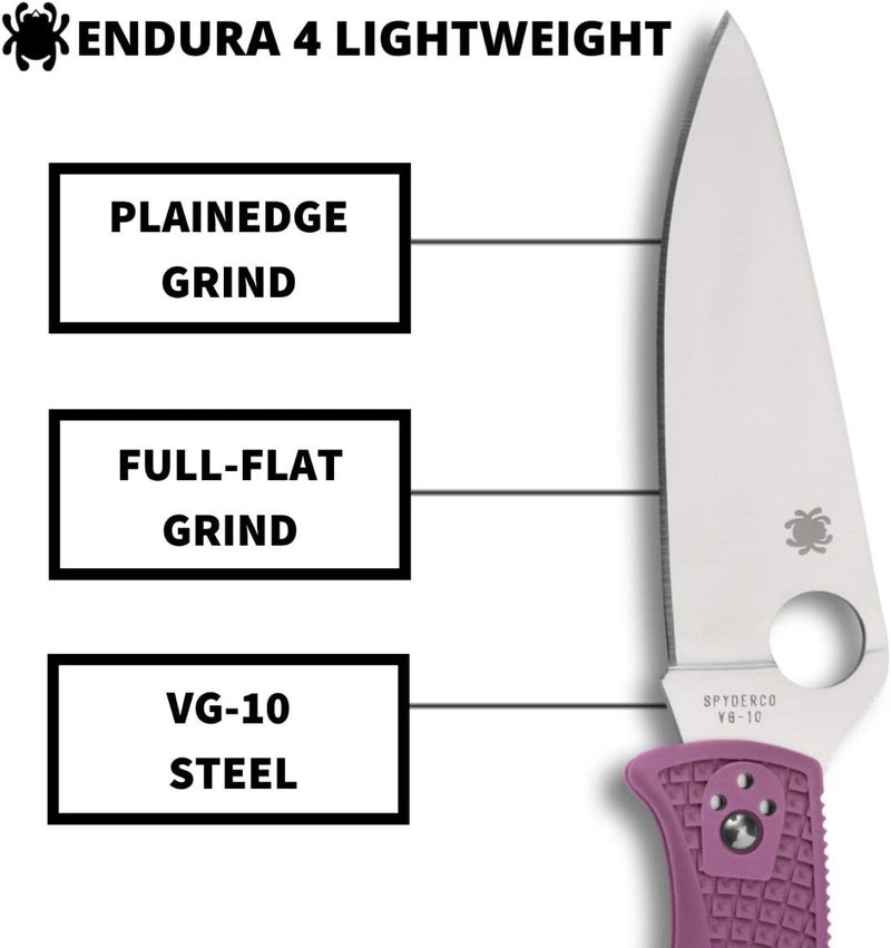 Spyderco سكين جيب قابلة للطي Endura 4 بشفرة من فولاذ VG-10 بطول 3.8" ومقبض FRN - سكين EDC للرجال والنساء، مثالية للصيد، التكتيك، التخييم، البقاء، والمشي - حافة عادية - C10FPPR - Image 2