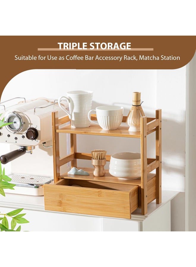 Chunful 2 Tier Matcha Station Bamboo Organizer with Hidden Drawer, Wood Home Coffee Station Organizer for Kitchen Countertops, Coffee Bars, Kitchen & Office Storage(13 L x 6.5 W x 12.6 H)(Natural) - Image 2