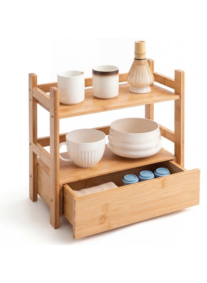 Chunful 2 Tier Matcha Station Bamboo Organizer with Hidden Drawer, Wood Home Coffee Station Organizer for Kitchen Countertops, Coffee Bars, Kitchen & Office Storage(13 L x 6.5 W x 12.6 H)(Natural) - Image 1