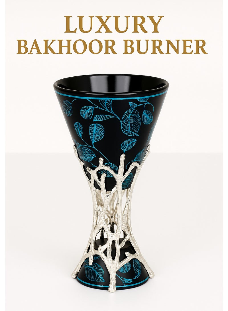 Radin Luxury Bakhoor Burner – Black & Blue Leaf Design With Silver Metal Base | Premium Incense & Oud Burner For Home, Office & Gift - Image 1