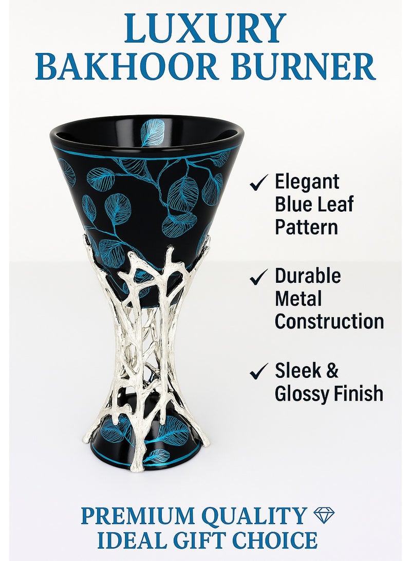 Radin Luxury Bakhoor Burner – Black & Blue Leaf Design With Silver Metal Base | Premium Incense & Oud Burner For Home, Office & Gift - Image 2