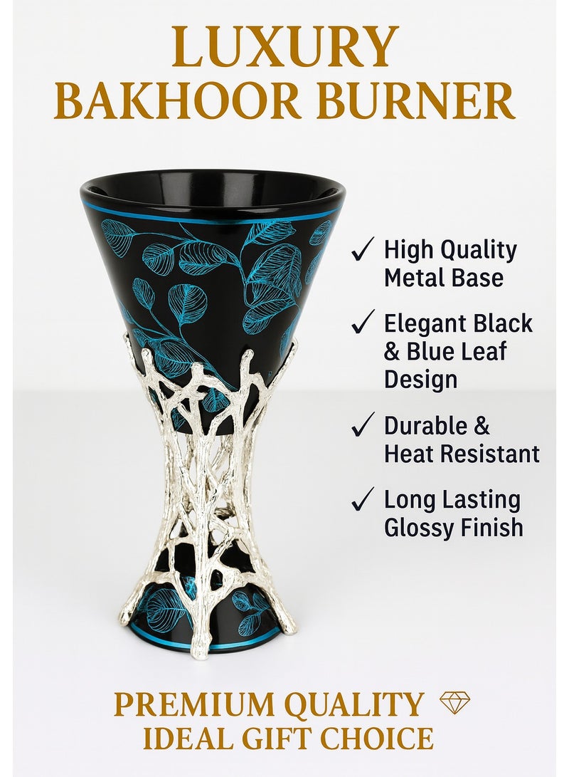 Radin Luxury Bakhoor Burner – Black & Blue Leaf Design With Silver Metal Base | Premium Incense & Oud Burner For Home, Office & Gift - Image 3
