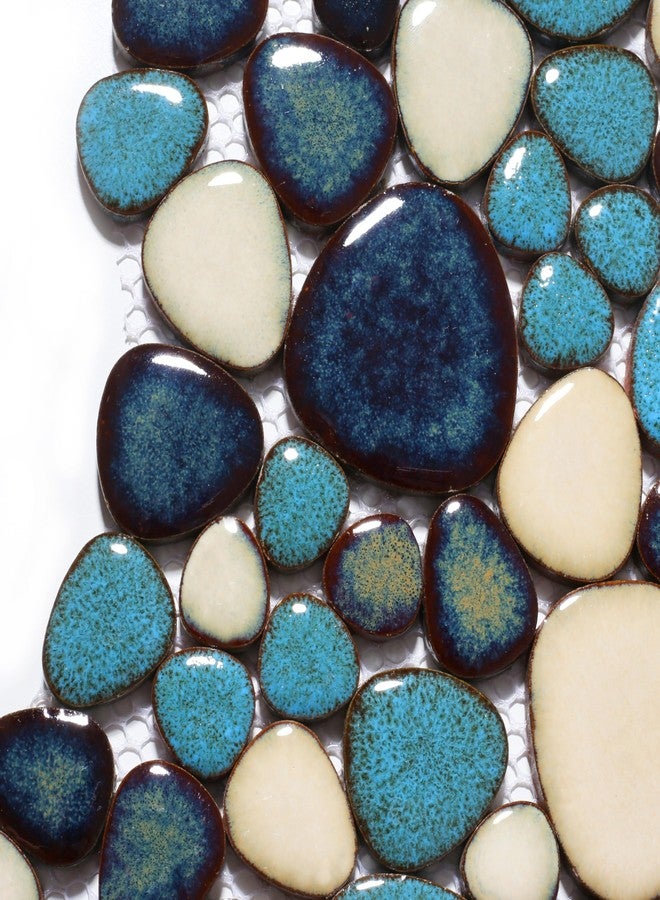Primoon Interlocking Pebble Tiles 5 Sheets, Aqua Teal Blue Mosaic Tiles Mesh Mounted, Decorative Flat Pebbles for Kitchen Bath Backsplash Shower Floor - Image 2