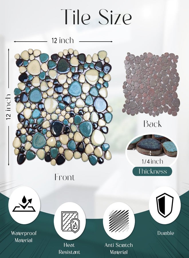 Primoon Interlocking Pebble Tiles 5 Sheets, Aqua Teal Blue Mosaic Tiles Mesh Mounted, Decorative Flat Pebbles for Kitchen Bath Backsplash Shower Floor - Image 3