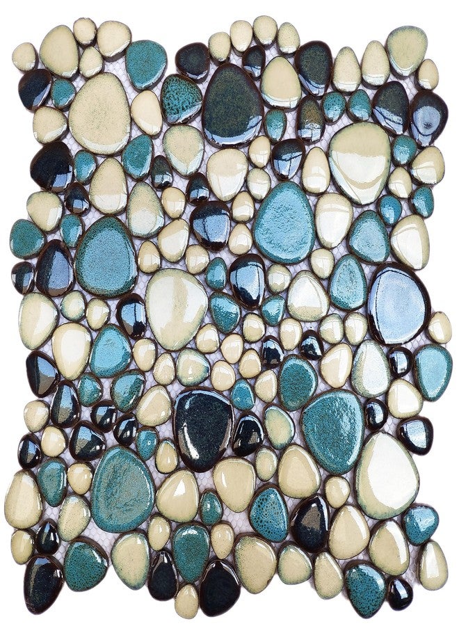 Primoon Interlocking Pebble Tiles 5 Sheets, Aqua Teal Blue Mosaic Tiles Mesh Mounted, Decorative Flat Pebbles for Kitchen Bath Backsplash Shower Floor - Image 1